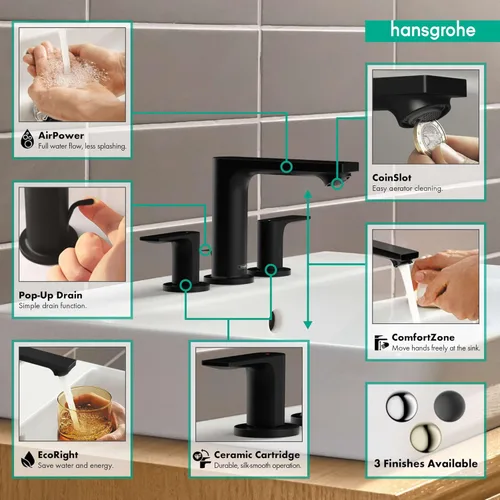 Miniatura 4 de Hansgrohe Rebris E 72532001 - Grifo de lavabo de baño contemporáneo con 2 manijas y 3 agujeros y 5 pulgadas de alto, cromado, 72532001