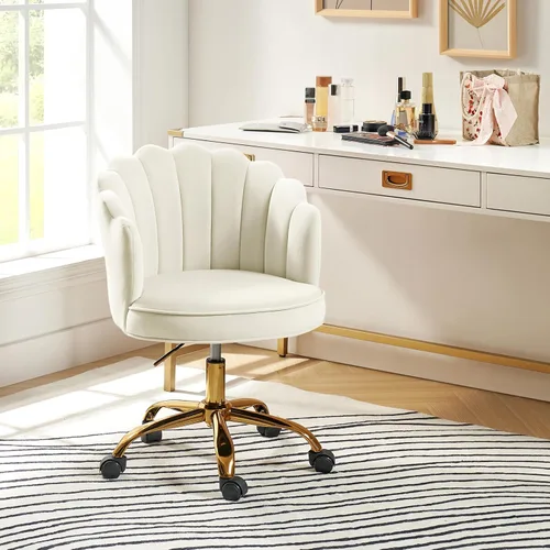Miniatura 7 de HULALA HOME Silla de escritorio de terciopelo para oficina en casa con base dorada, silla giratoria ajustable para tocador, diseño moderno y bonito