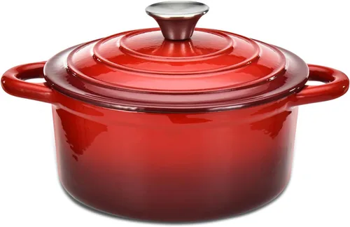 Hamilton Beach Horno holandés de hierro fundido esmaltado de 3 cuartos de galón con tapa, olla resistente para estofar, asar y hornear, color rojo