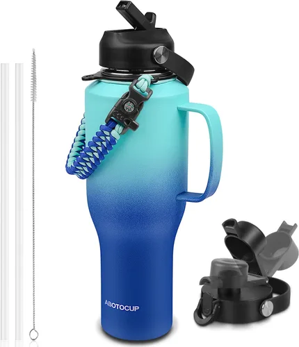 ABOTOCUP Botella de agua de 40 onzas, botella de agua aislada con asa y tapas con popote, botella de agua de acero inoxidable que cabe en cualquier