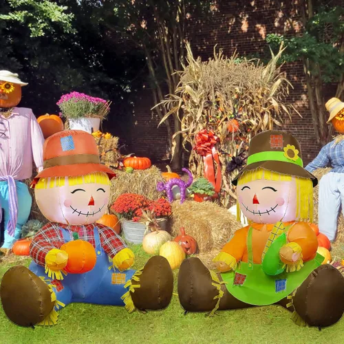 Miniatura 7 de Lulu Home Decoración inflable de otoño de 3.3 pies, juego de 2 espantapájaros soplados con aire para parejas con luces LED integradas para cosecha