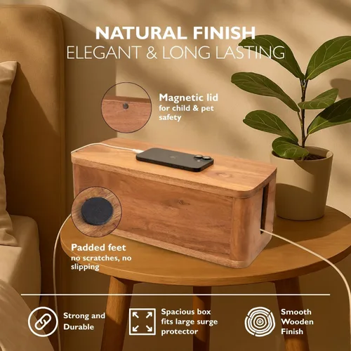 Miniatura 3 de Caja grande de gestión de cables - Madera de acacia - Caja organizadora de cables y caja de tira de alimentación para la gestión de cables