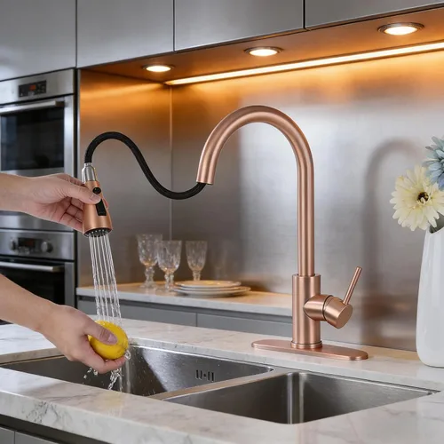 Miniatura 6 de Delle Rosa Grifo de cocina de cobre y oro rosa, montaje en cubierta, acero inoxidable 304, manija única, configuración de rociado de 3 vías, fácil
