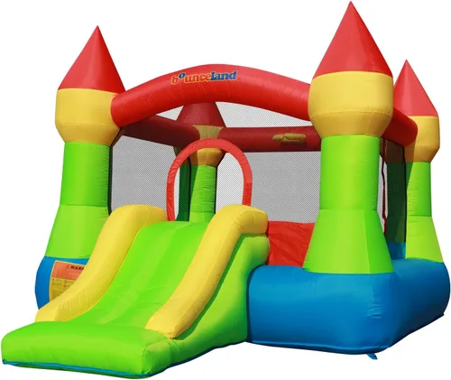 Castillo de casa de rebote hinchable Bounceland con aro de baloncesto, resbaladilla divertida, entrada segura, soplador fuerte certificado UL