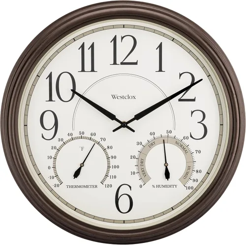 Miniatura 8 de Westclox Reloj de pared para interiores y exteriores con medidores de temperatura y humedad, resistente a la intemperie, precisión de cuarzo, Plata
