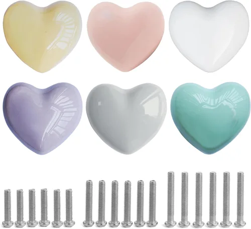 Miniatura 9 de Pomos de cerámica para cajones en forma de corazón, tiradores de armario con tornillos de 3 tamaños, pomos para muebles de cocina para armario, Rosa