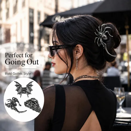 Miniatura 4 de Parcce 3 pinzas góticas para el cabello para mujer, pinzas de mano de esqueleto de murciélago negro metálico, accesorios de cabello de Halloween