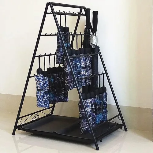 Miniatura 10 de Soporte plegable de metal de gran tamaño para paragüas, soporte para paragüas, oficina en casa, pasillo, almacenamiento con ganchos y bandeja Marrón