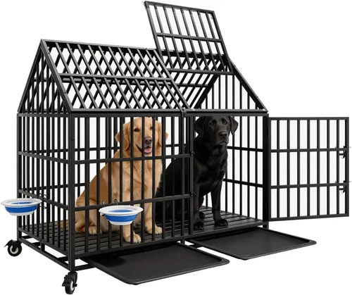 Miniatura 10 de Jaula para perros indestructible de 44 pulgadas con ruedas, jaula de acero a prueba de escapes para interiores, doble puerta, alta ansiedad