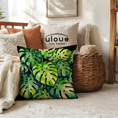 Miniatura 3 de Juego de 2 fundas de almohada de hojas de Monstera con diseño de hojas de palmera tropical, con temática botánica, fundas de almohada decorativas