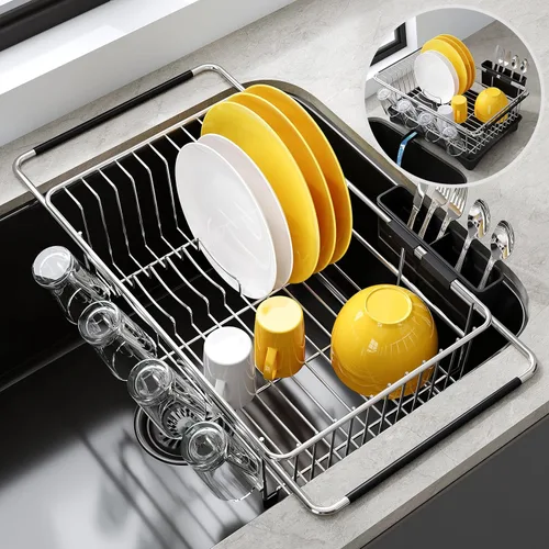 Miniatura 16 de JASIWAY - Escurridor extensible de acero inoxidable para usar sobre fregadero, encimera de cocina y dentro del fregadero, con portautensilios
