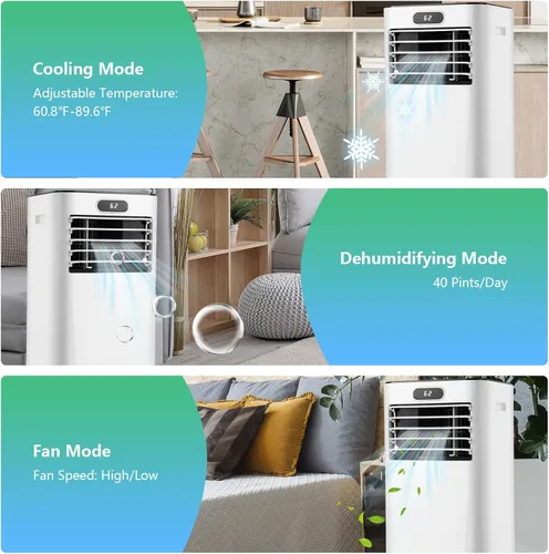 Miniatura 3 de PETSITE Aire acondicionado portátil, unidad de refrigeración de CA 3 en 1 deshumidificadora, función de ventilador y enfriador de aire, control