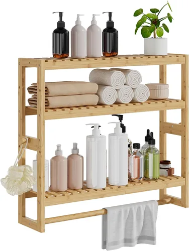 RRX Organizador de almacenamiento de estante de baño, estante de baño, organizador de bambú de 3 niveles ajustable con barra, colgante, estante Beige