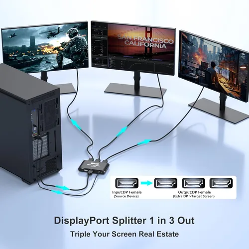 Miniatura 2 de Divisor DisplayPort 1 en 3 salidas, divisor de puerto de pantalla para monitores triples, compatible con DSC de 8K a 60Hz y modo extendido/espejo 4K