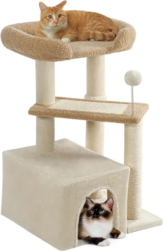 Made4Pets - Árbol para gatos, torre de gato con alfombra gris para gatos de interior, lindo condominio de madera para gatitos con poste para rascar