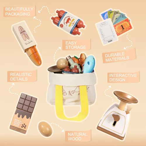 Miniatura 4 de Pithfor Juego de alimentos de madera para niños pequeños, tienda de comestibles, comida de simulación, compras y juegos, accesorios de cocina