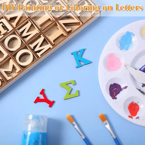 Miniatura 2 de 240 letras griegas de madera sin terminar de 1 pulgada con bandeja de almacenamiento, letras pequeñas del alfabeto de madera en negrita