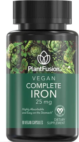 PlantFusion Suplementos veganos de hierro de, suplementos premium de hierro a base de plantas para mujeres y hombres (25 mg), más folato y B12, 90