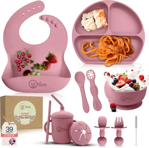 Miniatura 11 de O'doe Juego de alimentación para bebé de 17 piezas sin BPA de silicona Placas de succión gruesas y suaves, tazones para bebé, tenedor y cuchara