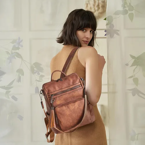 Miniatura 69 de OPAGE - Mochila de cuero para mujer, con borla de moda, bolso de hombro, mochila grande, bolsa de viaje, gris, L