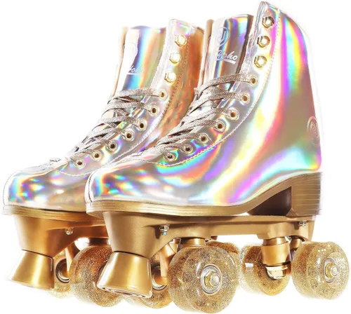JajaHoho Patines de ruedas para mujer, patines de cuero PU holográficos de alta calidad, patines de cuatro ruedas brillantes de doble fila para