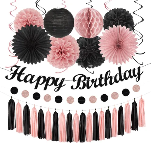 Cartel de feliz cumpleaños rosa y negro para decoración de fiesta – 31 piezas de oro rosa 14º 40º para mujeres y niñas, faroles de papel,
