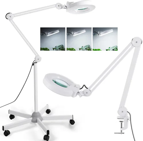 Veemagni Lupa superbrillante de 2,200 lúmenes, lupa de 15X con luz y soporte, lámpara de pie con base rodante de 5 ruedas para tratamientos faciales