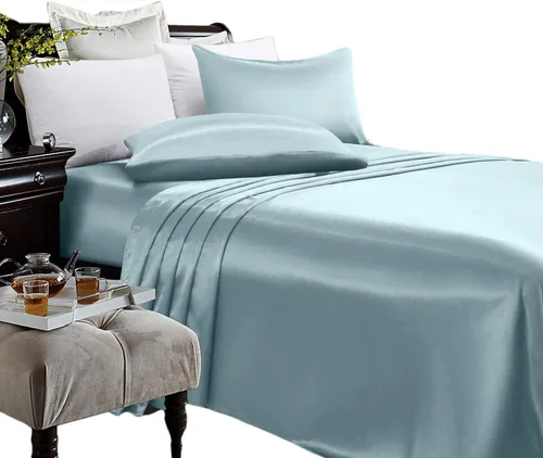 Miniatura 11 de Anex Linen Juego de sábanas de satén, juego de ropa de cama de 4 piezas, hilos altos, juego de sábanas 100% satén beige ultra suave, juego