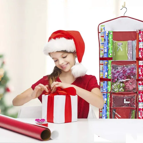 Miniatura 7 de Almacenamiento de papel de regalo colgante Organizador de papel de regalo de doble cara Bolsillos para bolsas de regalo, cinta, lazos y Rojo