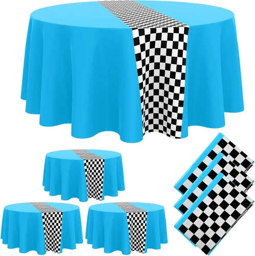Miniatura 16 de Oudain 3 piezas de suministros para fiesta de cumpleaños de autos, decoraciones para fiestas de carreras, mantel redondo de carreras con bandera a