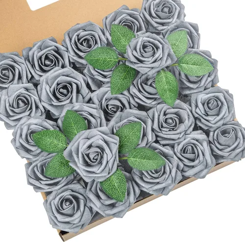 Miniatura 36 de DuHouse 25 rosas artificiales con tallos, flores de espuma de tacto real para bricolaje, ramo de boda, centro de mesa, arreglo floral, fiesta, Verde
