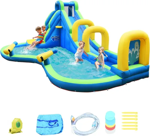 Miniatura 10 de OLAKIDS Tobogán acuático inflable, parque acuático 5 en 1, casa de rebote con tobogán de pared de escalada, piscina, borde de baloncesto, 2 pistolas