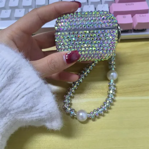 Miniatura 2 de Funda con diseño de diamantes de imitación brillantes con láser para AirPods Pro 2 con pulsera, bonita funda para auriculares con purpurina