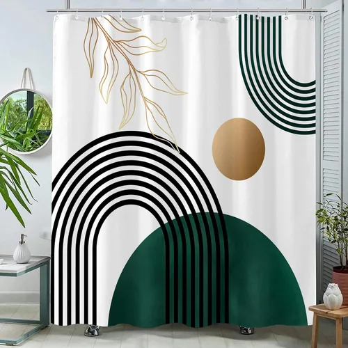 Miniatura 8 de Aipon Cortina de ducha verde de mediados de siglo para baño, cortina de ducha abstracta de estilo bohemio, de tela moderna, impermeable, para baño