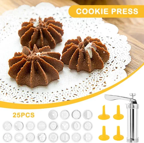 Miniatura 7 de Pistola de prensa manual de galletas de acero inoxidable, kit para hacer churro con 20 discos de galletas y 4 puntas de tubería para hacer pasteles