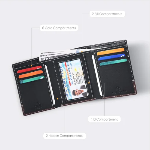 Miniatura 2 de Cartera de cuero genuino RFID bloqueo delgado Trifold para 6 tarjetas+1 ventana de identificación+2 compartimentos de anotaciones., cartera Rfid, S