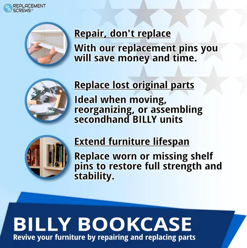 Miniatura 5 de ReplacementScrews 16 pines Billy para estantería/clavijas compatibles con IKEA Parte 131372 - Soportes de estante de aleación de zinc fundido a