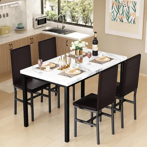 Miniatura 2 de Juego de 4 mesas de comedor para 4, juego de 4 mesas y sillas de cocina de mármol sintético, juego de mesa de comedor moderno con 4 sillas de cuero