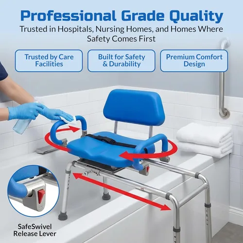 Miniatura 3 de Banco de transferencia deslizable con asiento giratorio. Silla premium para tina y ducha, acolchada con apoyabrazos giratorios Diseño ahorrador
