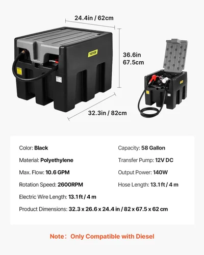 Miniatura 7 de VEVOR Tanque diésel portátil, capacidad de 58 galones y caudal de 10 GPM, tanque de combustible portátil con bomba de transferencia eléctrica de 12