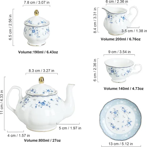Miniatura 6 de fanquare Juego de té de porcelana de rosa azul, tetera floral británica con tazas de té, juego de fiesta de té para mujer para 6
