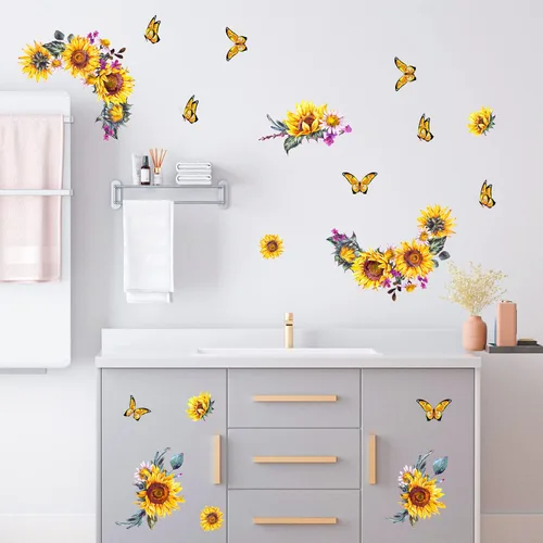 Miniatura 4 de Calcomanías de pared de girasol de acuarela, creativas calcomanías de pared de flores amarillas 3D, calcomanías de mariposa de sol para despegar