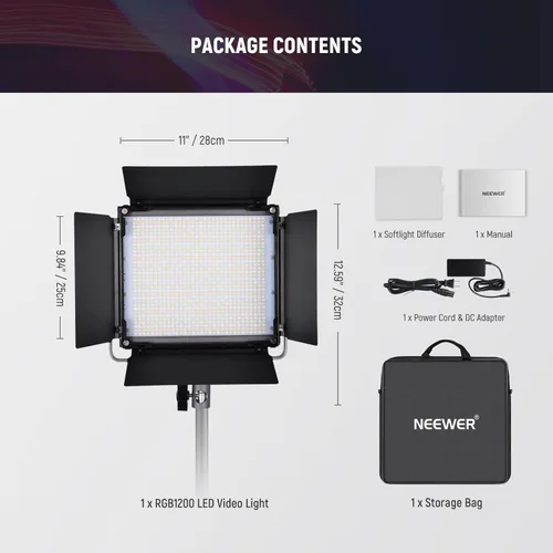 Miniatura 9 de NEEWER RGB1200 Panel de iluminación de vídeo LED RGB con control APP/2.4G, iluminación de fotografía de estudio de 60W 22000Lux@0.5m/1%