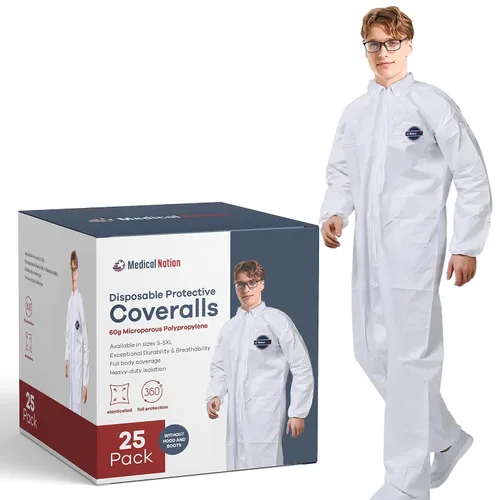 Miniatura 16 de Medical Nation Monos de Protección Desechables para Materiales Peligrosos Paquete de 25, 3X-Grande Monos Protectores Sin Capucha - Mono