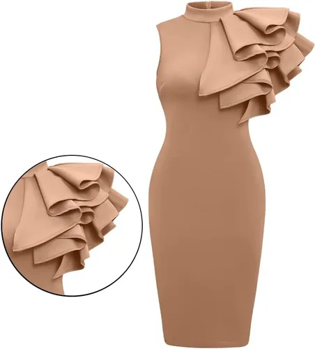 Miniatura 2 de XXTAXN - Vestido de cóctel entallado, formal, sin mangas y con volados para mujer, vestido de tubo de longitud media