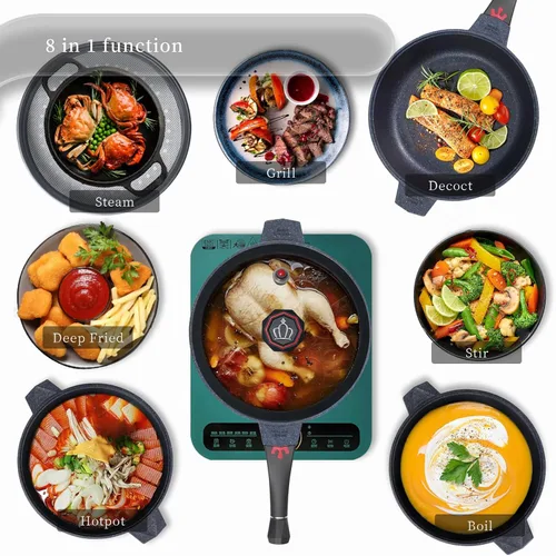 Miniatura 3 de TIBORANG Sartén antiadherente profunda para freír 8 en 1 multiusos de 11 pulgadas, 5 cuartos de galón, con indicador de calor, tapa de vidrio, mango