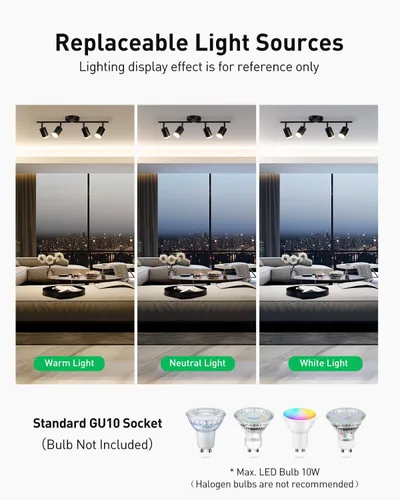 Miniatura 5 de Bojim Iluminación de pista LED flexible, accesorios de iluminación de pista de techo de 4 luces en negro, foco de techo con brazos de luz plegables
