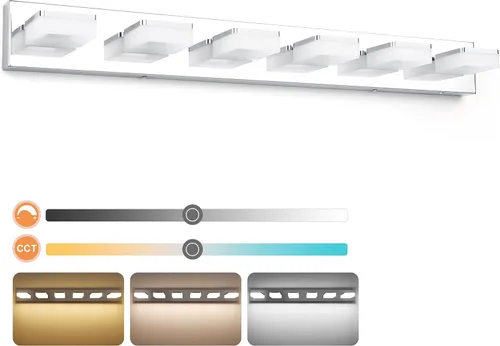 GOODATE Lámparas de baño regulables de 3 colores sobre el espejo, luces LED cromadas, de acero inoxidable acrílico, 6 luces de tocador de baño,