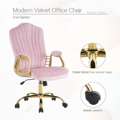 Miniatura 9 de Silla de oficina en casa de terciopelo con brazos y patas dorados, cómoda silla de escritorio giratoria tapizada y capitonada, cómoda con ruedas Rosa