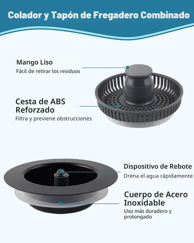 Miniatura 6 de Combo Universal 3 en 1 de Colador y Tapón de Drenaje para Fregadero de Cocina, Carcasa de Acero Inoxidable Negro con Tapón Emergente para Filtro